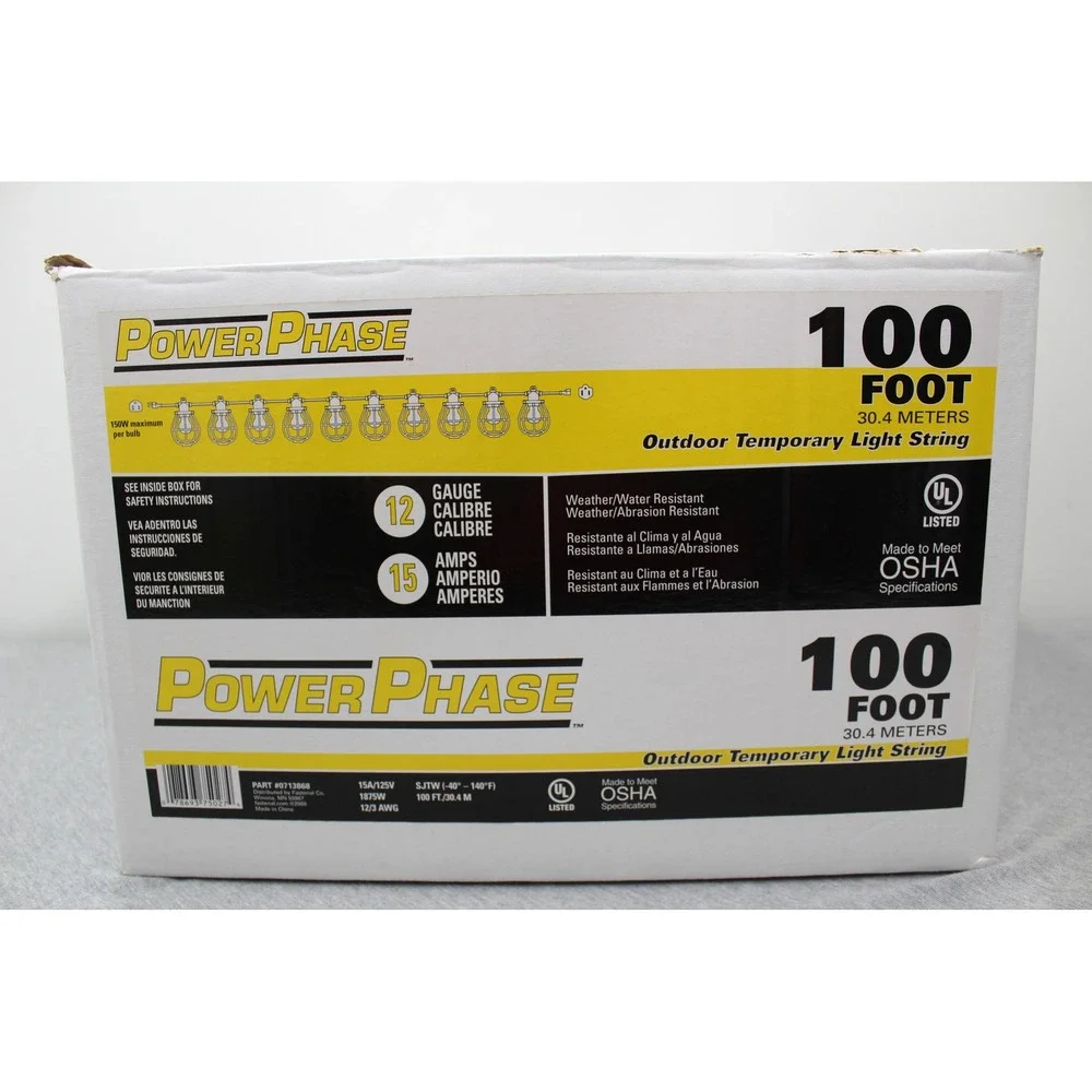 Power Phase Light String 100ft Yellow Temporary Outdoor 12/3 AWG 10 Socket